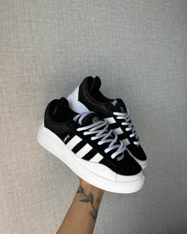 Tênis Campus Bad Bunny Preto Feminino com Língua Dupla e Solado Robustecido