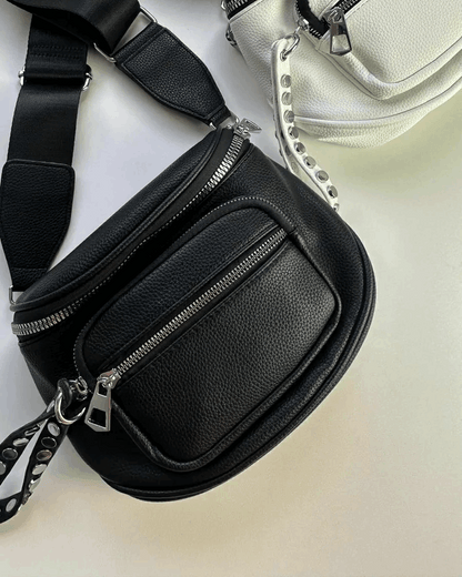 Bag Sophia Feminina Couro Ecológico Preta e Branca com Várias Repartições