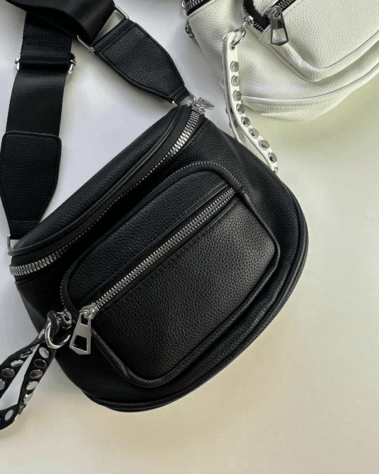 Bag Sophia Feminina Couro Ecológico Preta e Branca com Várias Repartições
